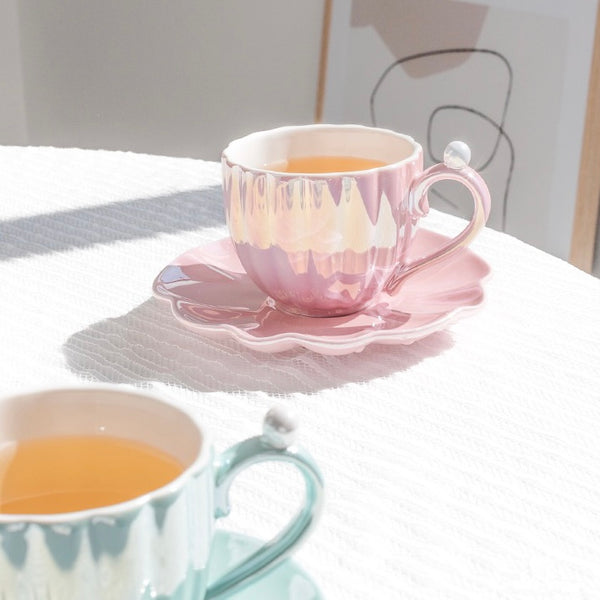 Cute Pastel Colour Vintage Print Ceramic Tea Cup with Plate - Peachymart