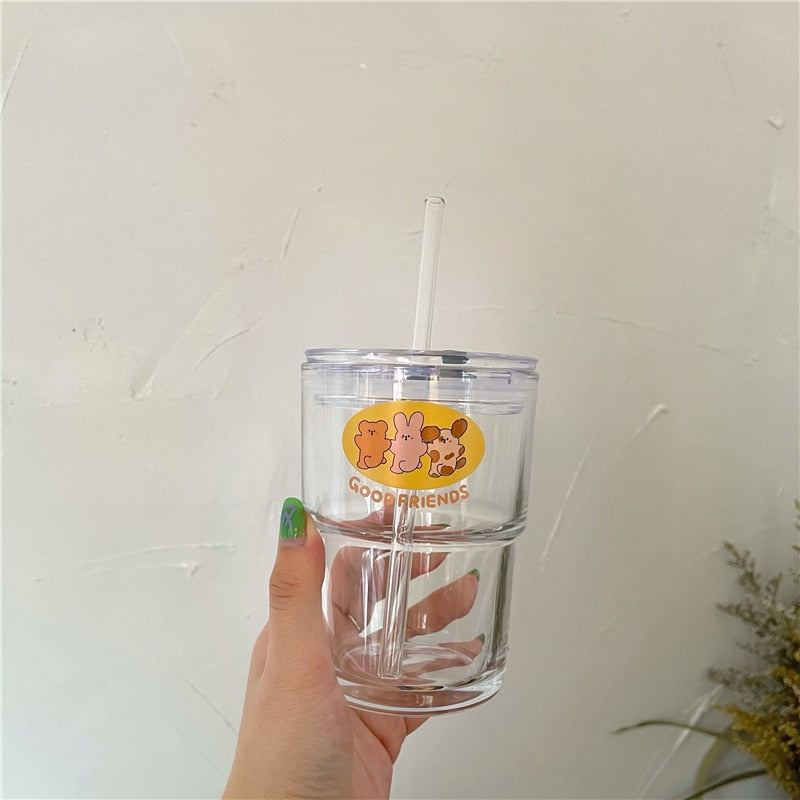 Kawaii Flower Glass Cup With Lid Straw Cute Orange Coffee Mug Milk Hot  Drinks Korean Water