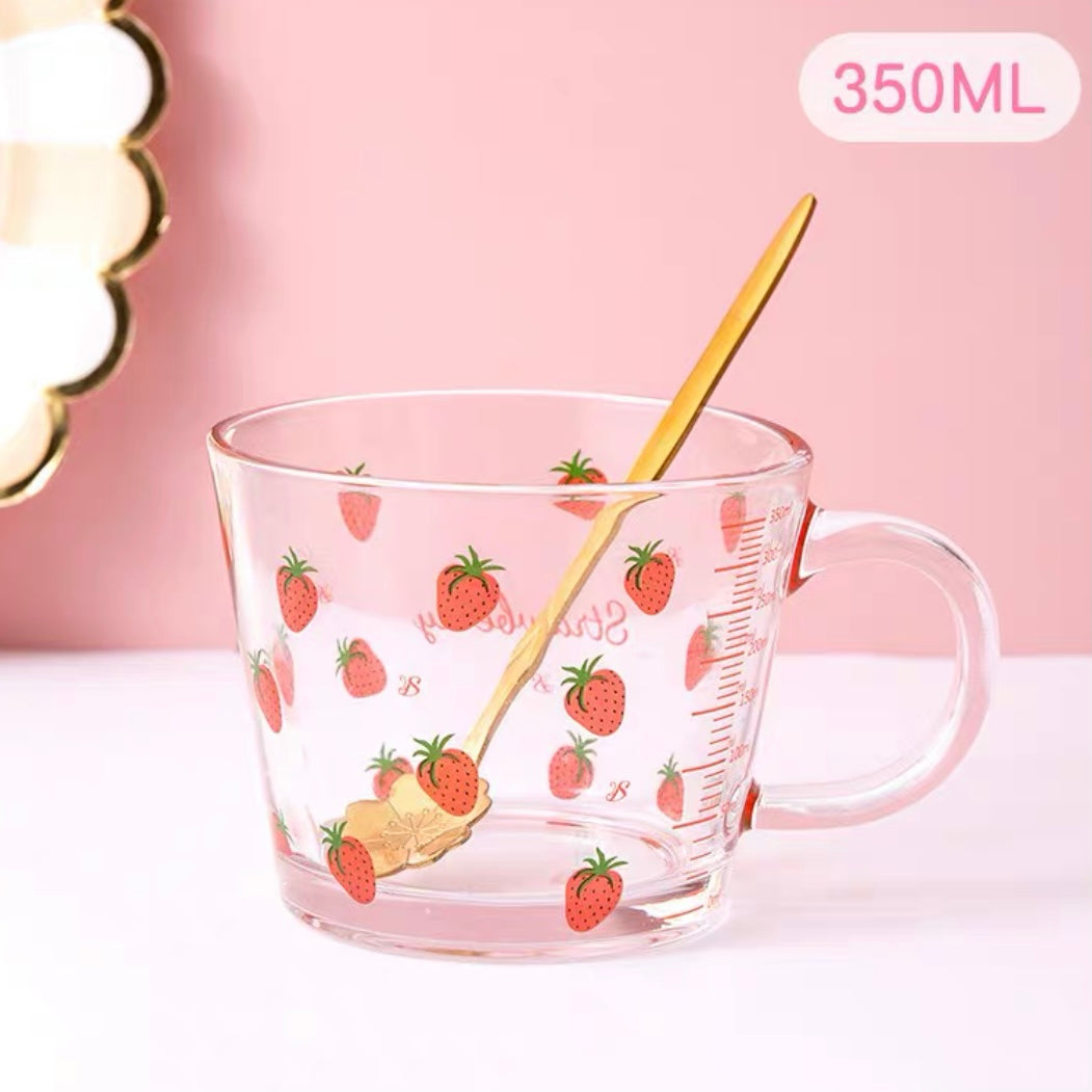 Cute Strawberry Glass Cup With Straw Set Transparent Heat 