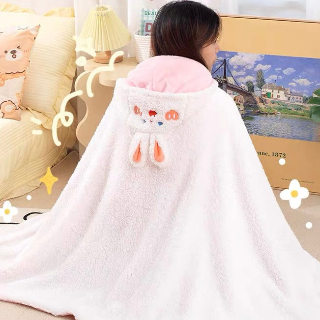 Cute Bear & Bunny Cozy Towel Coral Fleece Cloak Blanket