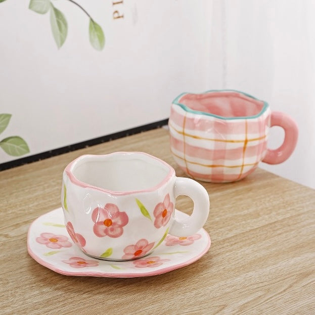 Cute Pastel Colour Vintage Print Ceramic Tea Cup with Plate - Peachymart